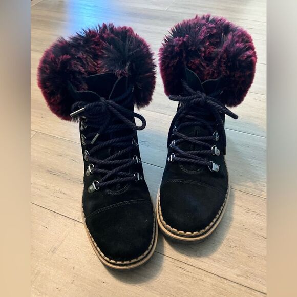 Sam Edelman black leather dark red faux fur topper women’s lace up boots. 7.5 - Picture 4 of 8